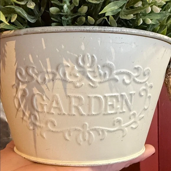 Rustic Cream Planter with Green Faux Foliage - Picture 2 of 8